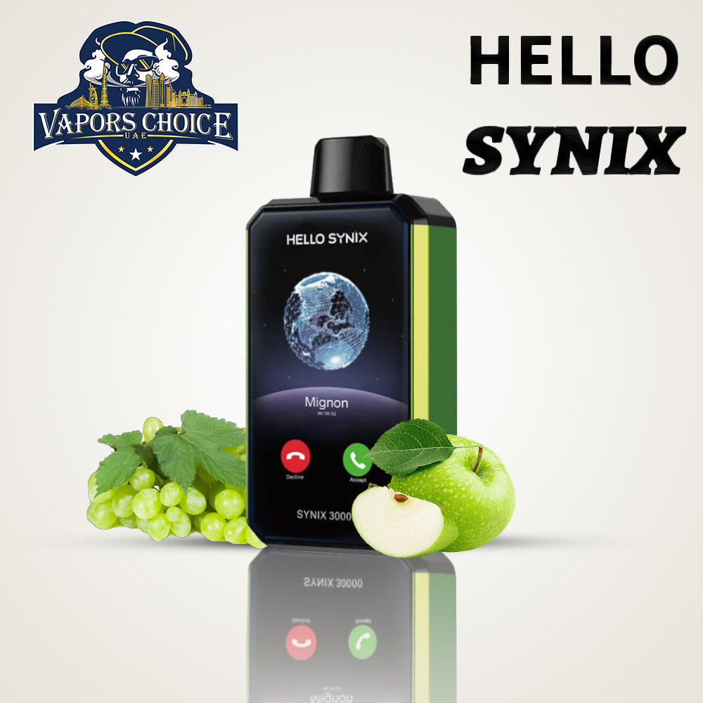 HELLO SYNIX 30000 PUFFS SMART PHONE DISPOSABLE VAPE AI CHAT & DISPLAY Grape Apple UAE Al Ruwais